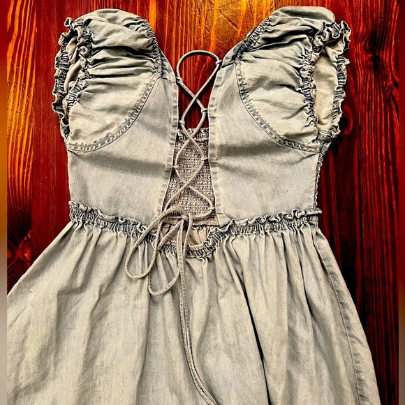 FREE PEOPLE Daphne Denim Mini Dress Corset Tie Up Back Boho - Picture 4 of 11